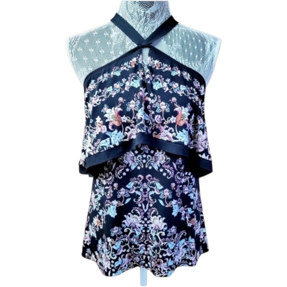 White House Black Market Floral Halter Blouse - Black and Pink